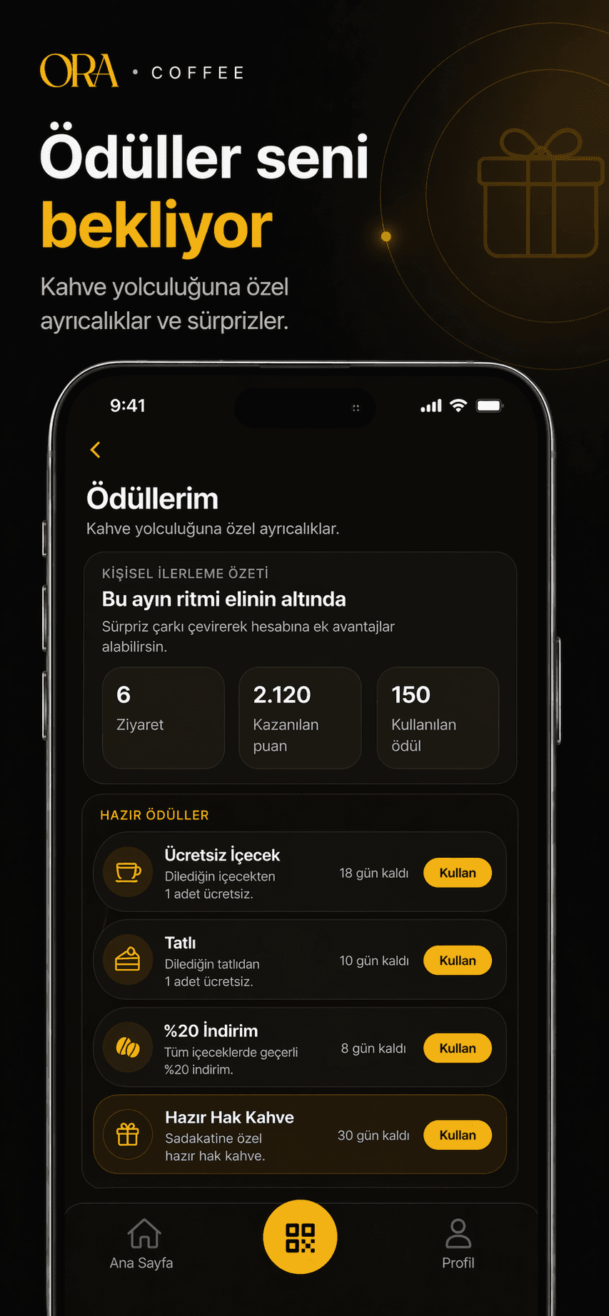 Ora Club uygulamasının ödüller ekranı